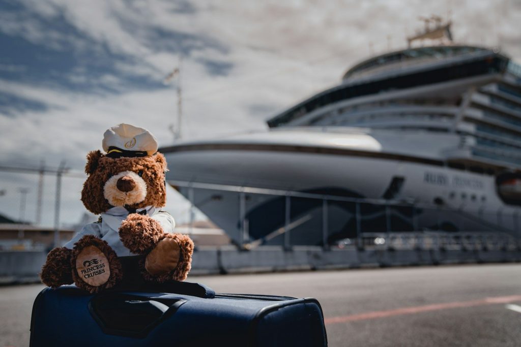 brown bear plush toy on top of a blue luggage